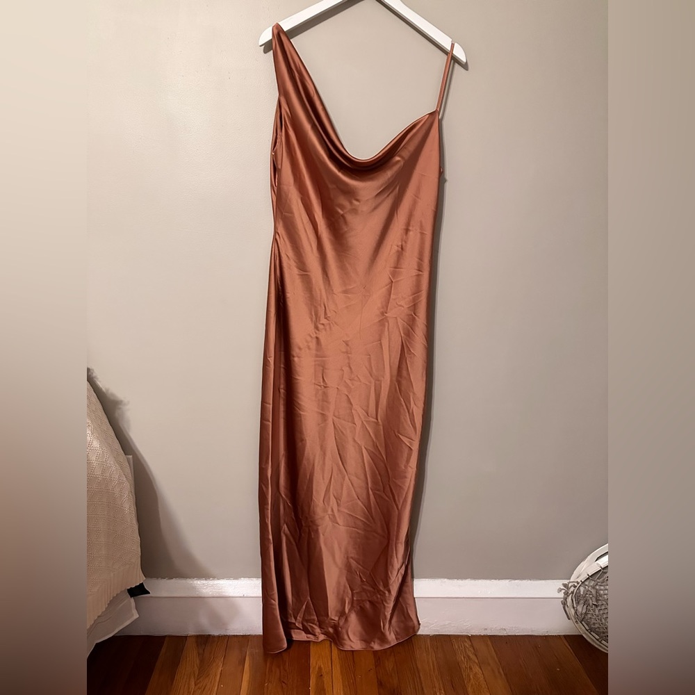 Social Bridesmaids | One-Shoulder-Strap Cowlneck Gown in Toffee